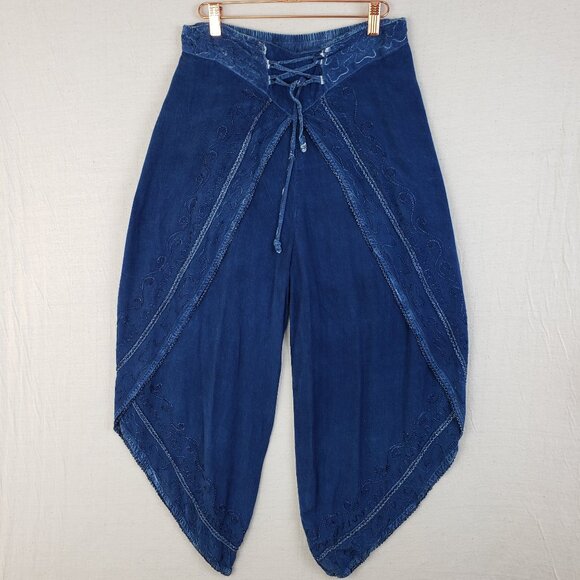 Vintage Harem Pants Lace-Up Front Side Slits Wide Leg Blue Acid Wash Yoga Boho - Picture 1 of 8